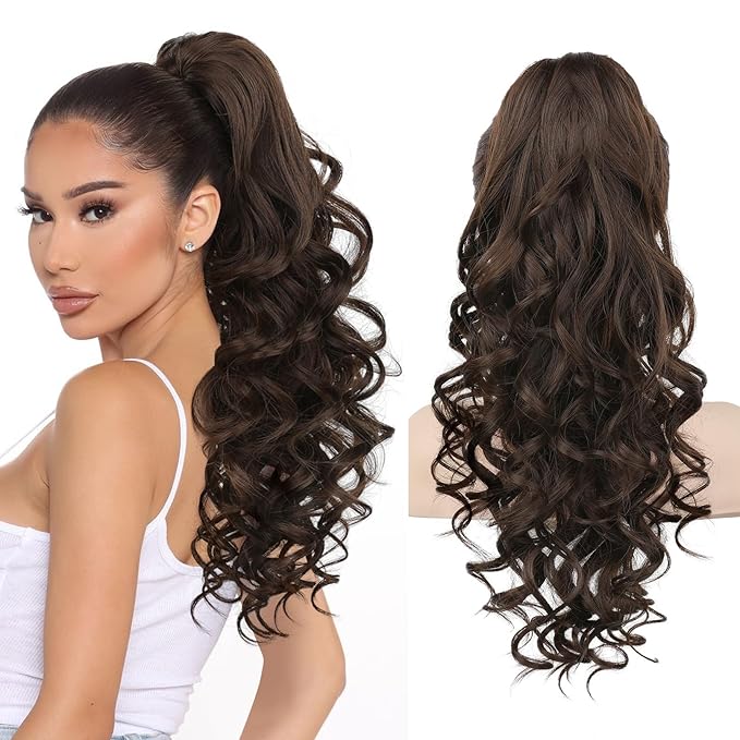REECHO Ponytail Extension, 20” Claw Clip Ponytail Extension Curly Clip in Ponytail Long Pony Tails Hair Extensions for Women Fluffy Natural Looking Synthetic Hairpiece, Dark Chocolate Brown