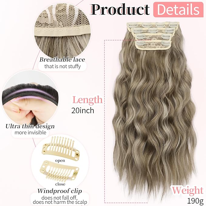 KooKaStyle Clip in Synthetic Hair Extensions Long Wavy 4PCS Thick Hairpieces Ash Brown mix Light Blonde Fiber Double Weft Natural Hair Extensions 20 Inch for Women