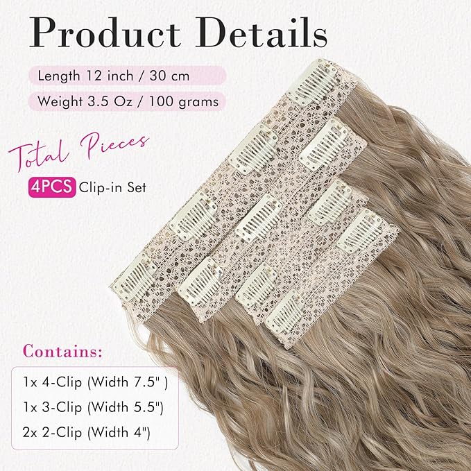 REECHO Clip in Hair Extensions, 4PCS Hair Extensions 12" Short Curly Wavy Blonde hair extensions Invisible Lace Weft Natural Soft Hairpieces for Women – Light Ash Brown with Highlights