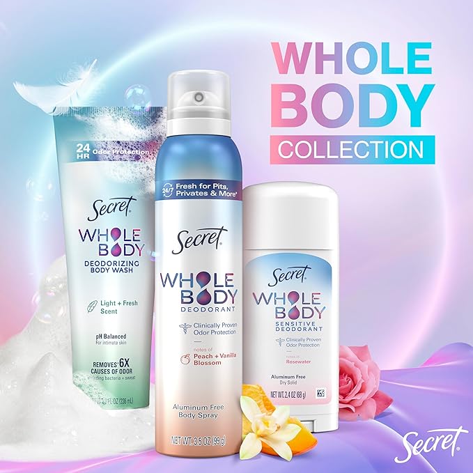 Secret Whole Body Deodorant Dry Feel Cream + Absorbs Sweat for Women, Light & Fresh Scent, Aluminum Free Deodorant, 72 HR Odor Protection, 3.0 oz