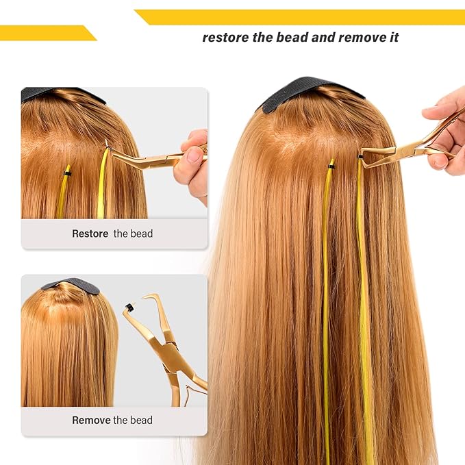 Gomake Microlinks Hair Extensions Kit, Hair Extension Closer and Removal Pliers, Micro Beads Pulling Hook & Microbead Loop Tool, Micro Links Silicone Rings Bead 200PCS(Gold)
