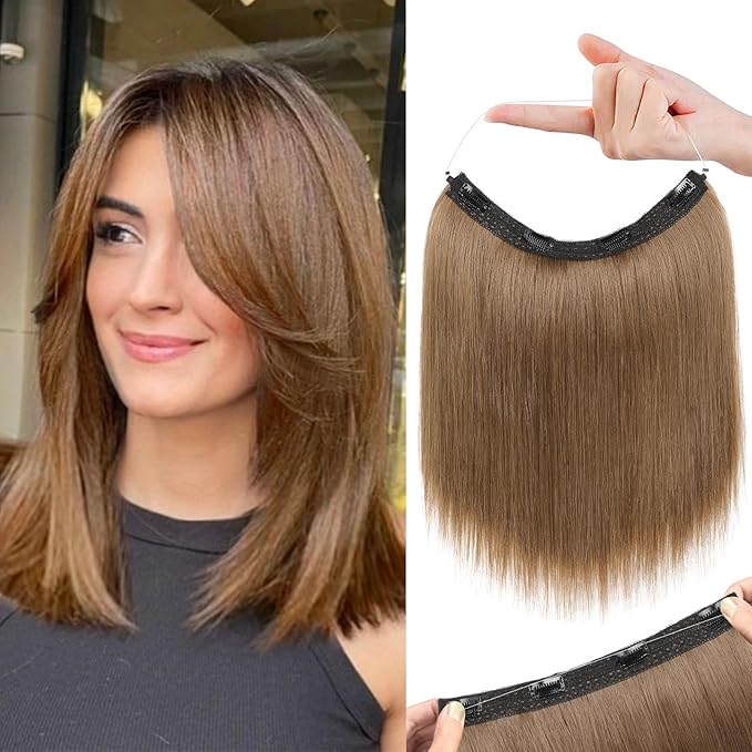 REECHO 12" Invisible Wire Hair Extensions with Thinner Softer Lace Weft Adjustable Size Removable Secure Clips in Short Straight Secret Hairpiece for Women - Light Brown