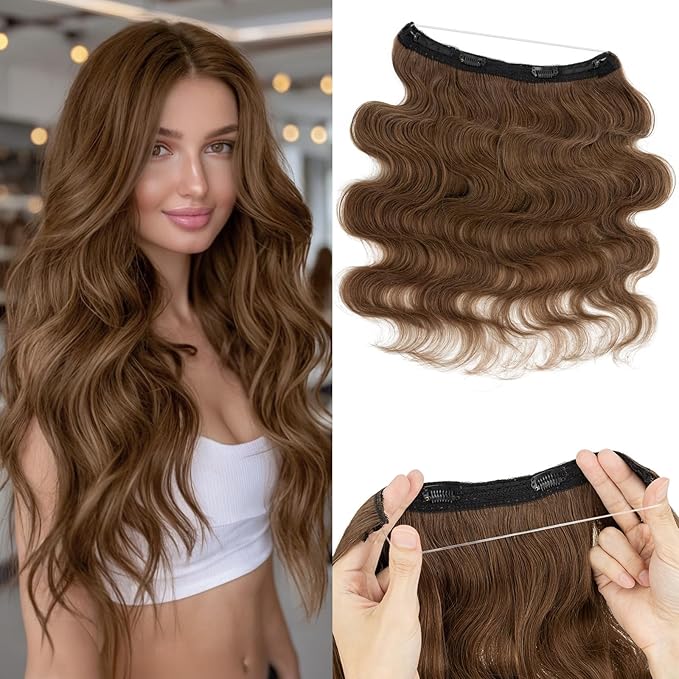Halo Hair Extensions Real Human Hair,Halo Hair Extension 100% Human Hair,Wire Hair Extensions,Wavy Warm Brown 12inch/55g