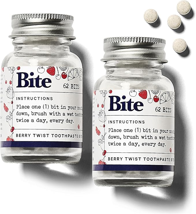 Bite Whitening Toothpaste Tablets (2 Months) – Fluoride Free, Nano Hydroxyapatite + Xylitol, Berry Twist – Vegan, Cruelty-Free, Made in USA, Sensitive Teeth, Travel Size, (2 Bottles, 124 Tabs)