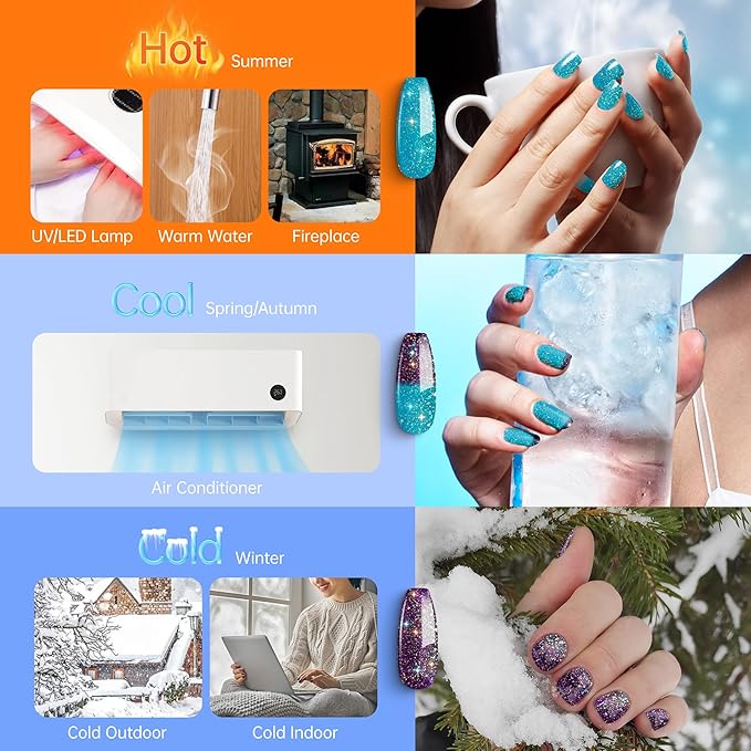 YTD Likomey Color Changing Gel Nail Polish,15ml Turquoise Blue to Deep Purple Brocade Glitter Mood Temperature Change Colors Fall Winter Thermal Ombre Sparkle UV Varnish,HEMA Free TPO Free,WB505