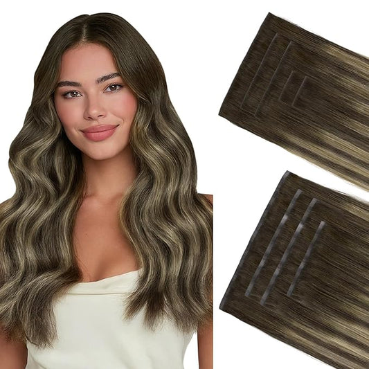 GOO GOO Invisi Edge Clip in Hair Extensions Set, 14inch 130g, 5pcs Injected Seamless PU Clip ins and 4pcs Classical PU Clip ins, Virgin Real Human Hair, #(T4B/26) P4B
