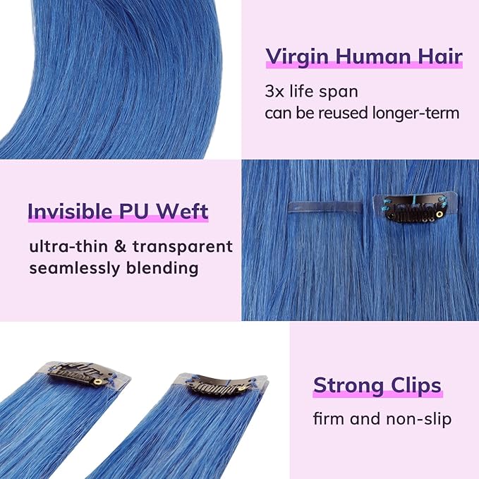 IDN BEAUTY Seamless Clip In Hair Extensions Real Human Hair, 20 Inch 40g 6Pcs Blue Straight Seamless Clip Ins For Black Women Colored Hair Extensions PU Weft Invisible Edge