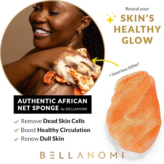 BELLANOMI 4 Piece African Exfoliating Net Sponge Long African Bath Sponge, Authentic Ethically Sourced from Nigeria, Great for Daily Use (Key Lime, Yellow, Orange, Lemon)