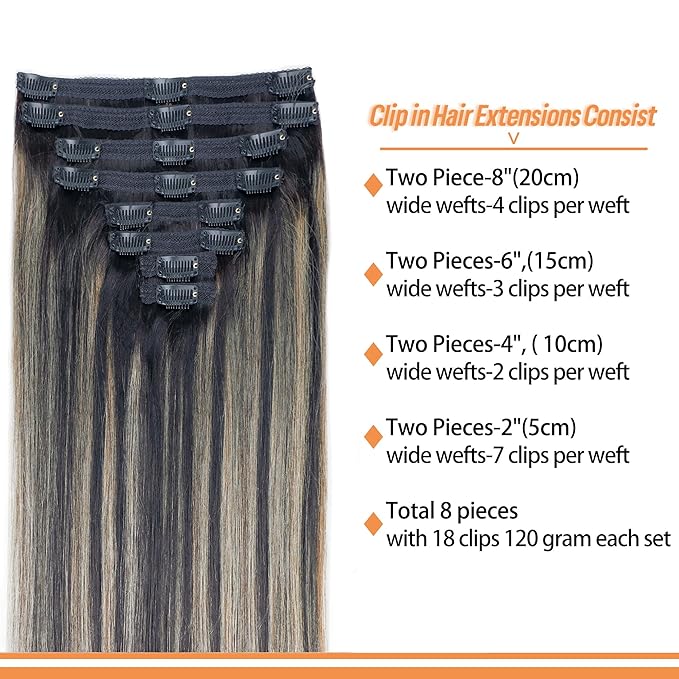 FB27 Highlight Ombre Clip In Hair Extensions Real Human Hair Straight Clip In Black to Blonde Human Hair Extensions Balayage Clip ins Remy Hair for Women 8Pcs with 18Clips Lace Weft 120g 14inch