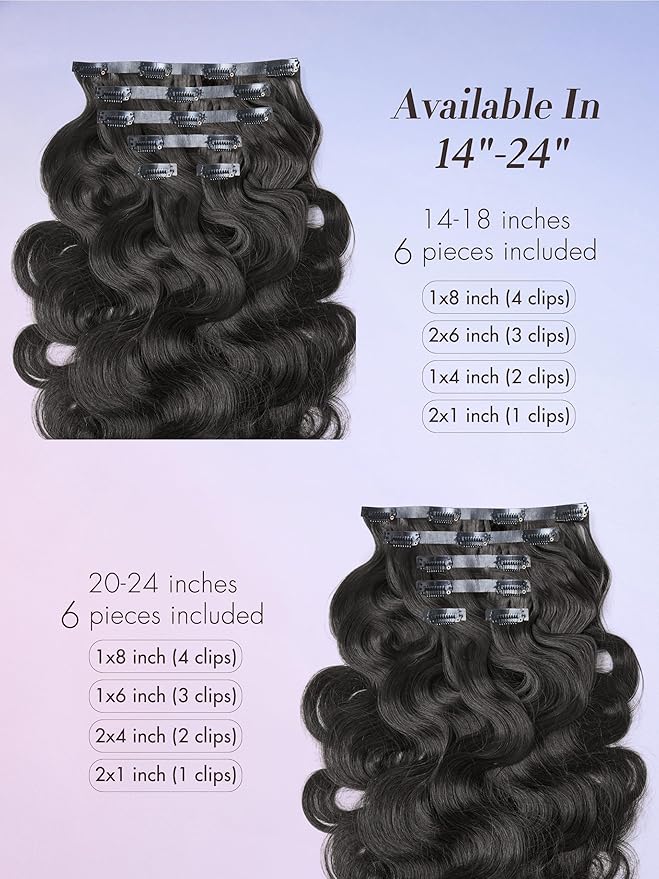 LUVME Invisible Clip in Hair Extensions Body Wave Real Human Hair, Remy Human Hair Extensions Clip ins for Women, Natural Human Hair, 16 inch 110g 6Pcs, Natural Black