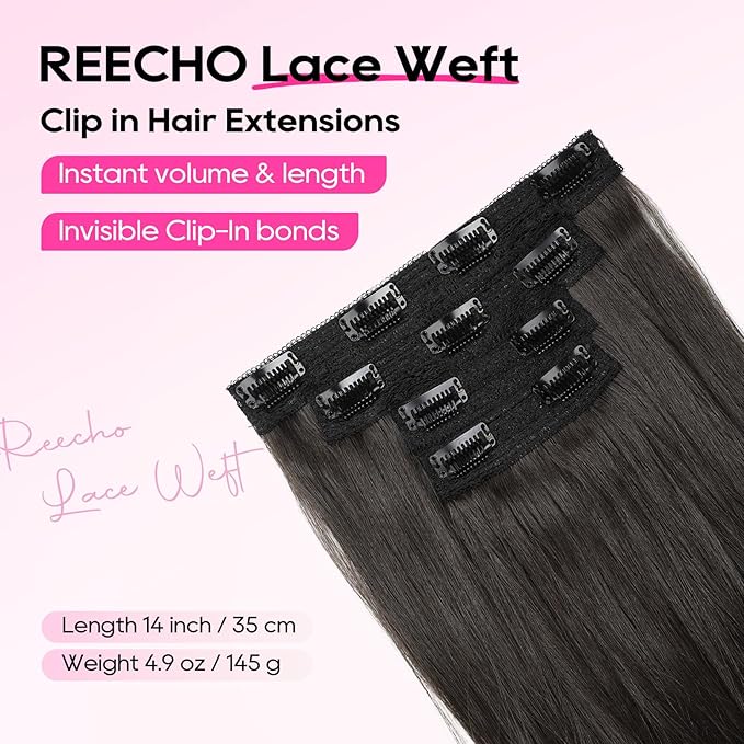 REECHO Clip-in Hair Extensions, 4PCS Lace Weft, 14" Short Wavy Hair, Invisible, Natural Soft Hairpieces for Women, Black Brown