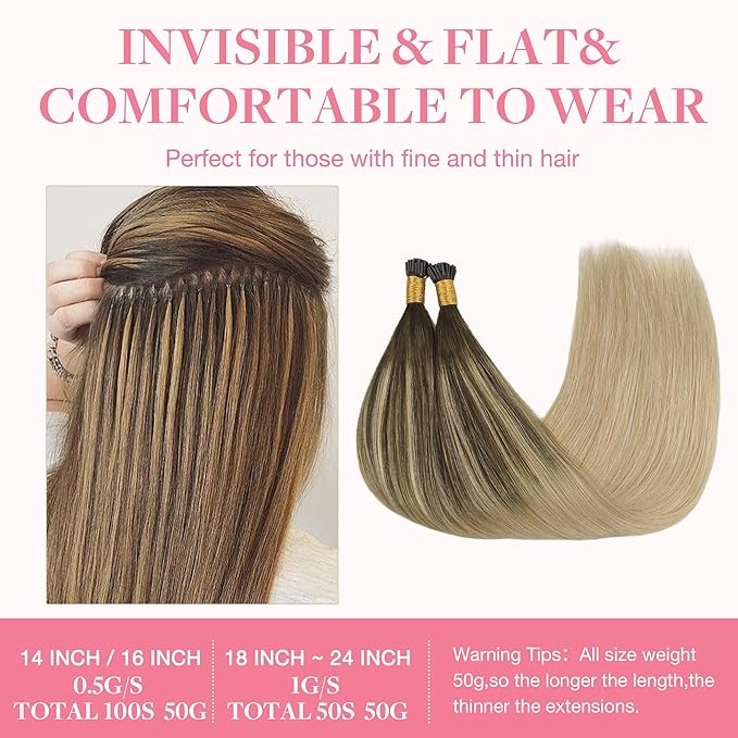 GOO GOO I Tip Hair Extensions Real Human Hair, 16inch 50g 100S, Cold Fusion I Tip Hair Extensions, Invisible Remy Hair Extensions, 4/18 Balayage Chocolate Brown Highlighted Dirty Blonde