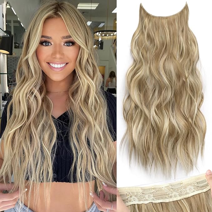 KooKaStyle Invisible Wire Hair Extensions with Transparent Wire Adjustable Size 4 Secure Clips Long Wavy Secret Hairpiece (24 Inch,Dark Ash Blonde mix Light Blonde Highlights)