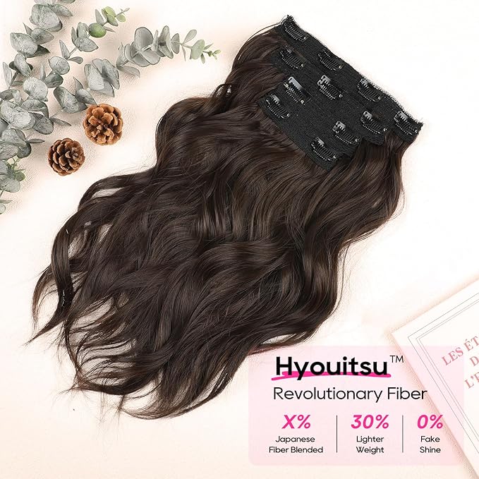 REECHO Clip in Hair Extensions - 14" Short Beach Wavy Hairpieces - Invisible Lace Weft - Natural Soft - Chocolate Brown