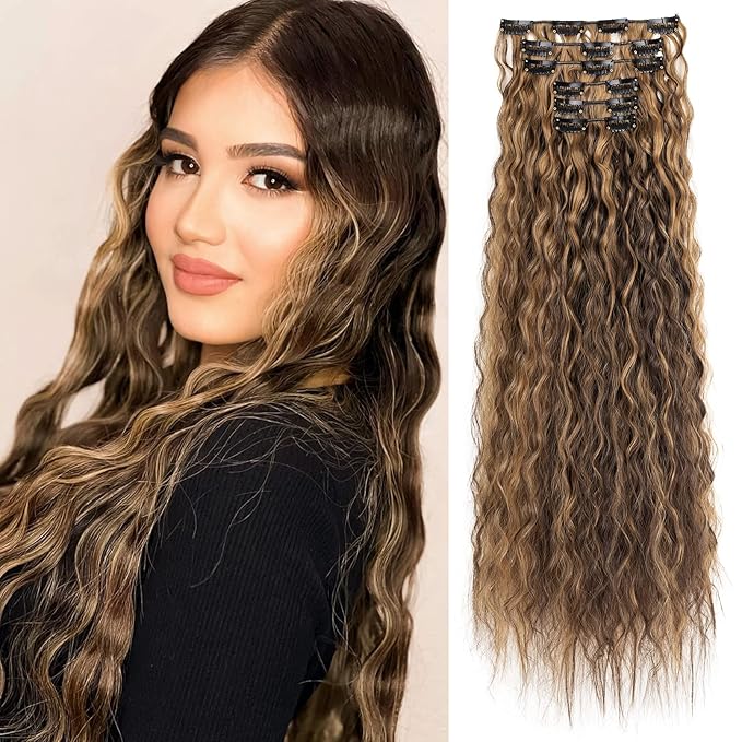 LONAI Clip In Hair Extensions, 6PCS Curly 24" Long Synthetic Clip On Hairpiece For Women-Chocolate Brown with Caramel Blonde Highlights