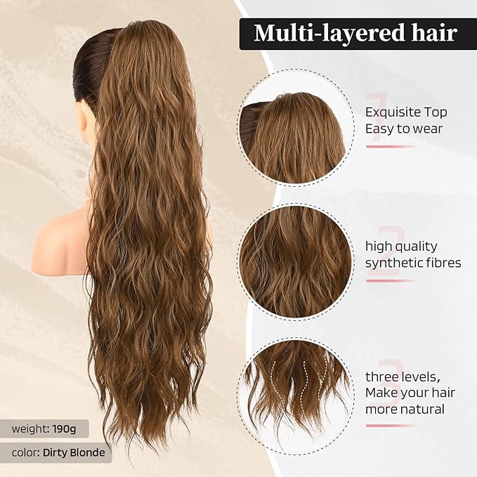 Flufymooz Ponytail Extension, 26 Inch Drawstring Ponytail Hair Extensions for Women， Long Curly Wavy Pony Tail Natural Wavy Synthetic Hairpiece for Women Daily Use party (26 Inch Dirty Blonde)
