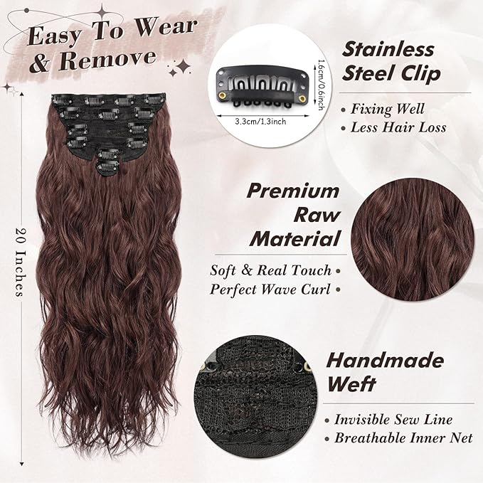 BARSDAR Brown Clip-in Hair Extensions - 20 Inch Wavy Synthetic Chestnut Hair Extensions - 6PCs Soft Thick Clip-ins - Reddish Chestnut Brown