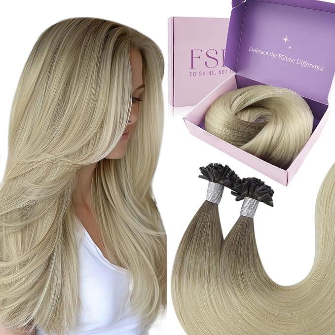 Fshine Tape in Hair Extensions Remy Human Hair, Ombre Ash Brown to Platinum Blonde, 20INCH 50G, Skin Weft Seamless Invisible, Silky Straight with Thick Ends