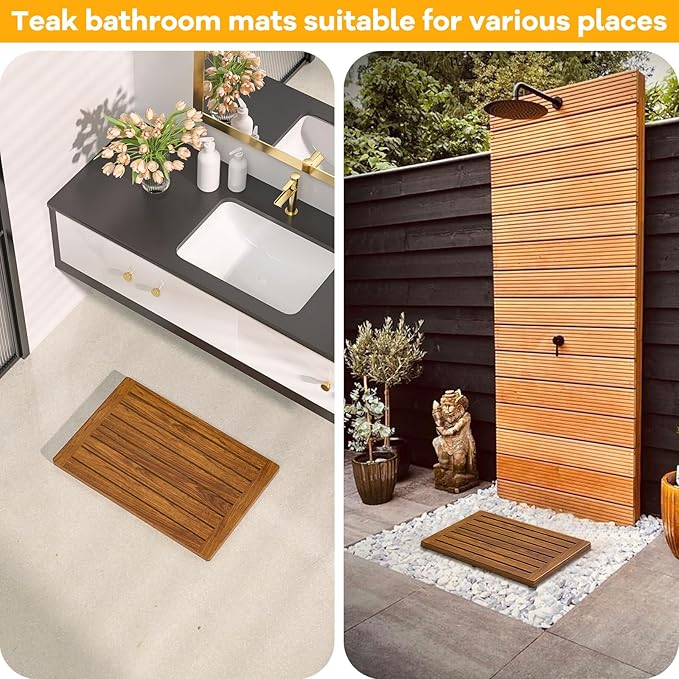 Teak Shower Mat, 21"x14" Wood Bath Mat Non-Slip Bathroom Mat Teak Bath Mats for Bathroom, Wooden Floor Mat Bathroom Mat for Inside, Outdoor or Spa(Small)