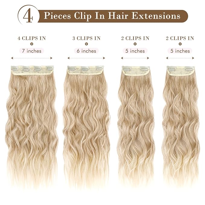 REECHO Hair Extensions, 4PCS Clip in Hair Extensions HE001 Natural Soft Synthetic Hairpieces for Women (20 Inch-200 Gram (Pack of 4), Dark Blonde with Light Ends)
