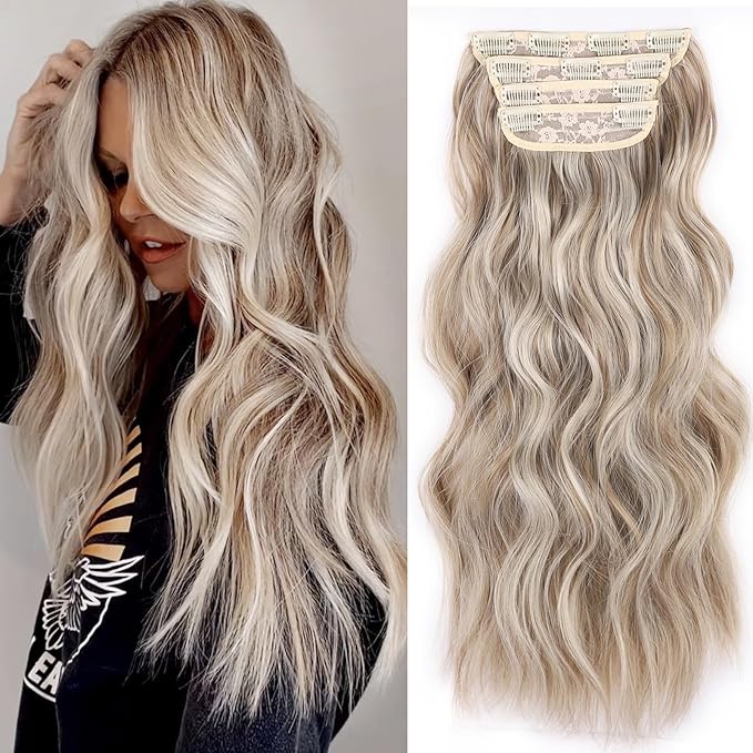 Clip in Hair Extensions for Women Dark Blonde Hair Extensions Synthetic Clip in Long wavy clip in hair extensions 20 inch Double Weft Hairpieces Full Head For Women (20INCH, P88/86)
