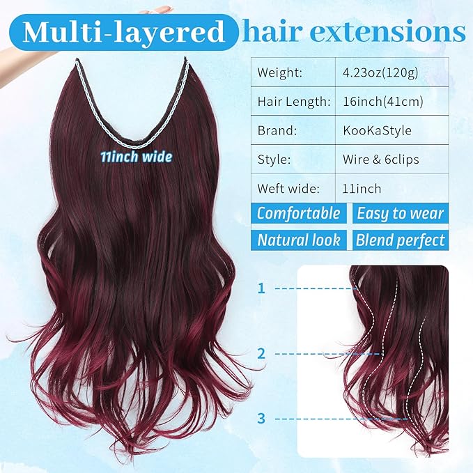 KooKaStyle Invisible Wire Hair Extensions Long Wavy Layered Synthetic Hair Extensions with Transparent Wire Adjustable Size 6 Secure Clips Ombre Burgundy mix Black Hairpieces for Women 16 Inch