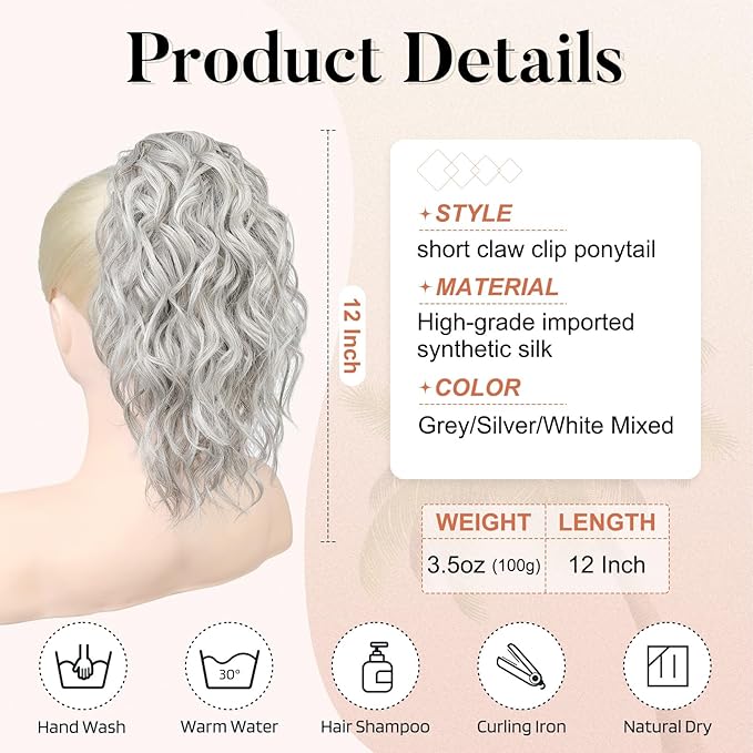 Flufymooz Ponytail Extension, 12" Short Claw Ponytail Extension Wavy Curly Jaw Clip in Pony tails Hair Extension Natural Synthetic Hairpiece for Women (Grey/Silver/White Mixed)