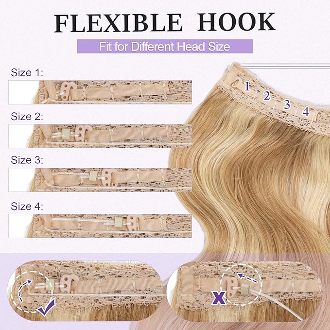 Halo Hair Extensions Real Human Hair,Halo Hair Extension 100% Human Hair,Wire Hair Extensions,Wavy 18P613 Gold Blonde Mixed Bleach Blonde 70g/20inch
