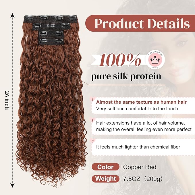 LONAI 4PC Clip in Hair Extensions, 100％ Pure Protein Silk Curly Hair Extension for Women, 26 Inch Long Soft Natural Hair Extensions-Copper Red