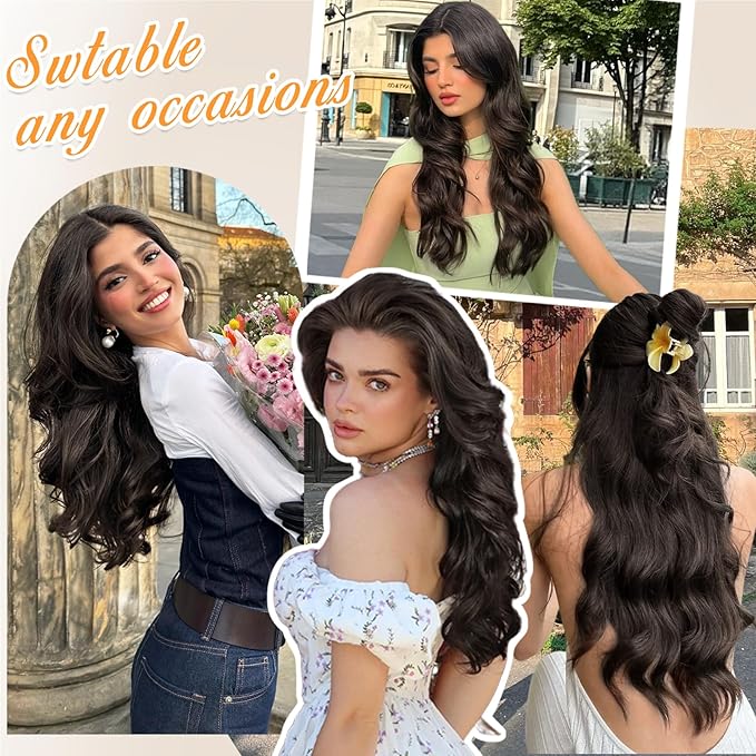 ALXNAN Clip in Long Wavy Synthetic Hair Extension 4PCS 24 Inch Dark Brown Thick Hairpieces Fiber Double Weft Hair for Women