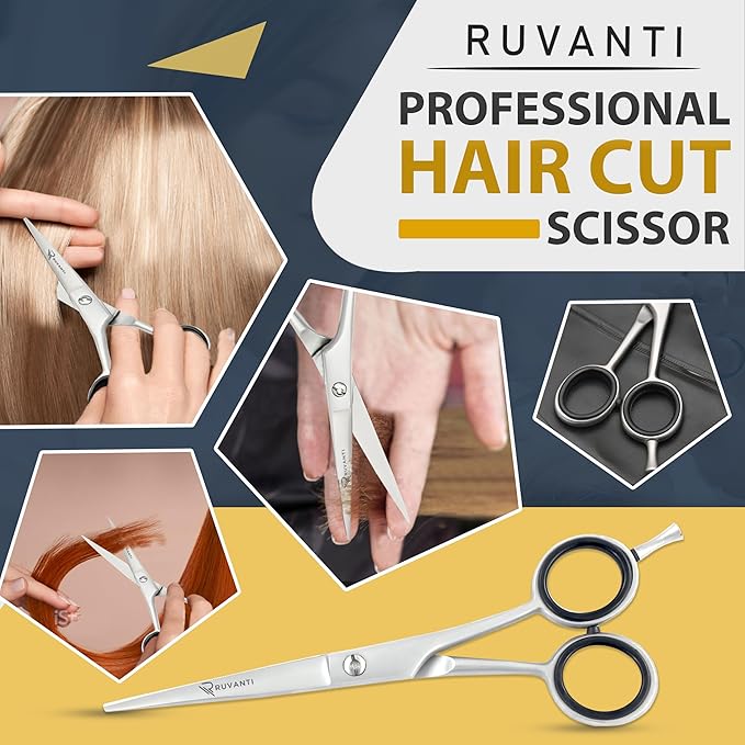 Ruvanti Hair Scissors - Professional Hair Cutting Scissors for Salon & Home Use, Sharp Edge Stainless Steel Barber Scissors, 6.5” Overall lenght with Comfortable & Smooth Grip