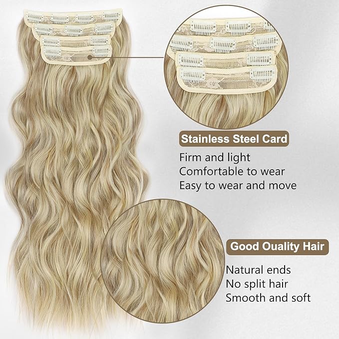ALXNAN Clip In Hair Extensions,Dirty Blonde Long Wavy Hair Extensions 20 Inch 4PCS Thick Hairpieces for Women