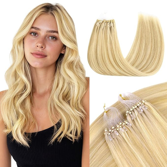 GOO GOO Micro Link Hair Extensions Real Human Hair, Upgraded 100g 100S, 24 Inch Cold Fusion Microlinks, Invisible Remy Hair, 18D/22F Dirty Blonde Highlights