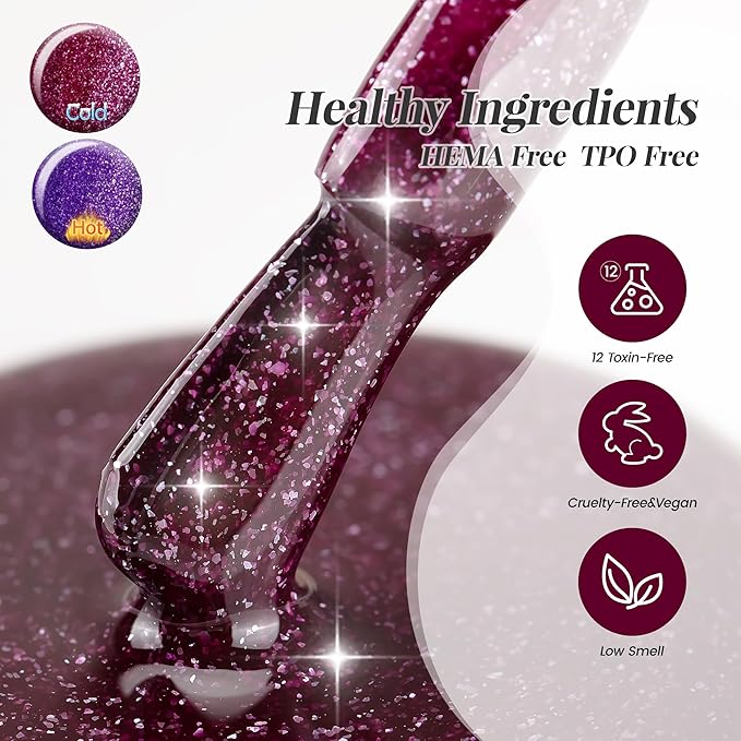 YTD Likomey Color Changing Gel Nail Polish 2 Pcs Set,15ml Purple To Dark Wine Red Pure Color and Glitter Nails Gel Kit,Thermal Ombre Change Colors Salon Manicure Fall Winter UV Varnish,WB2-7