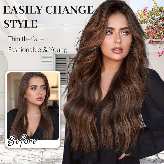 KooKaStyle Hair Extensions, 7PCS Clip in Hair Extension, 20 Inch Auburn Mix Chestnut Long Wavy Natural Soft Thick Hairpieces for Women