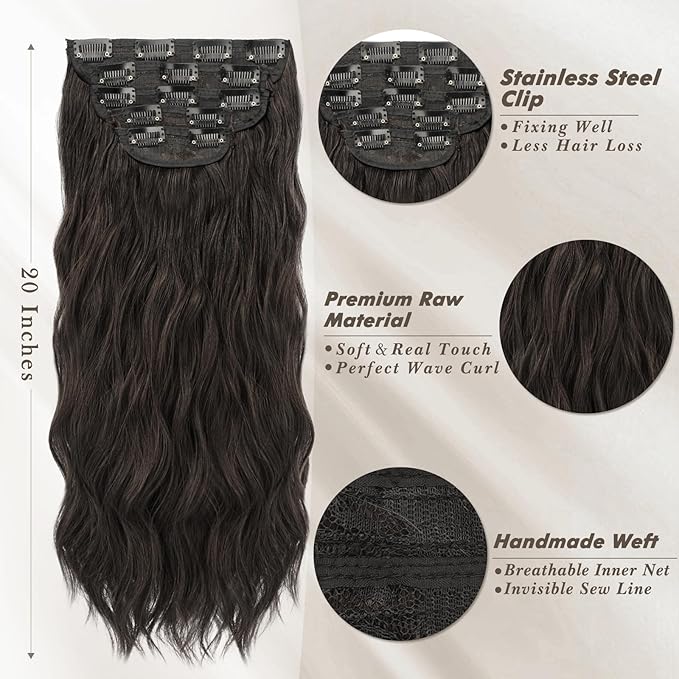 BARSDAR Wavy Clip in Hair Extensions - 20 Inch Dark Brown Clip in Hair Extensions for Women - 5PCs Thick Soft Synthetic Loose Wave Hairpieces – Dark Brown Mixed