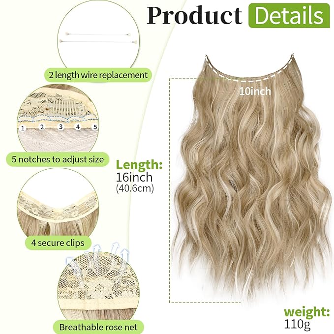 KooKaStyle Invisible Wire Hair Extensions with Transparent Wire Headband Adjustable Size 4 Secure Clips Long Wavy Hairpiece for Women(Beige Blonde mix Lvory Blonde Highlights16inch)