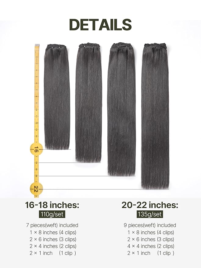Frodio Clip Ins Hair Extensions Black 18 inches Remy Real Human Hair Seamless Silk Long Straight Full Thick Virgin Brazilian Jet Black Natural Color Beauty For Women Can Be Body Wave 110g 7 Piece