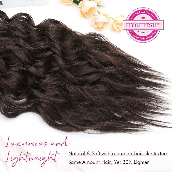 REECHO Clip in Hair Extensions, 4PCS Blonde Hair Extensions 24" Thick Long Beach Waves hair extensions HE003 Invisible Lace Weft Natural Soft Hairpieces for Women – Chocolate Brown
