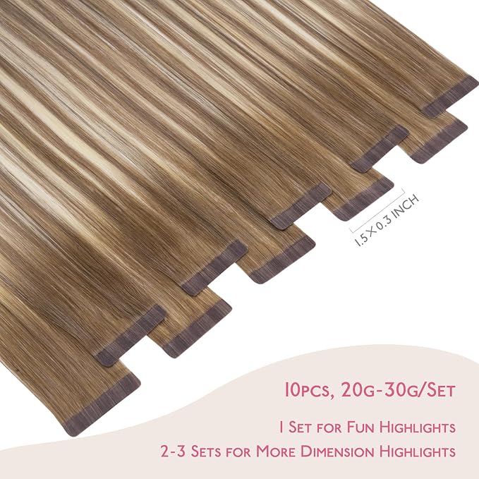 WENNALIFE Tape in Hair Extensions Human Hair Balayage Dirty Blonde with Platinum Ends Tape in Extensions, 10pcs 30g 24 inch Remy Invisible Tape Ins Straight Colored Soft Refill Set
