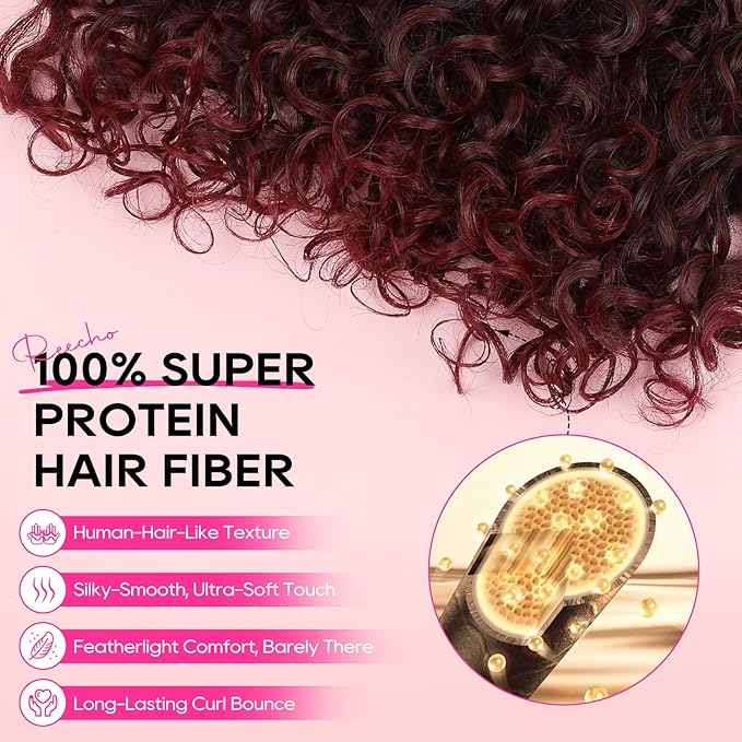 REECHO Curly Hair Extensions - 4PCS 18" GoGo Curly Clip in Hair Extensions 100% Super Protein Hairpieces with Invisible Lace Weft Silky Soft Natural Look for Women - Wirn Red