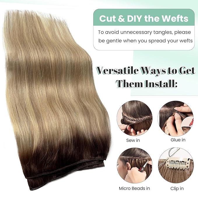 Licoville Weft Hair Extensions Human Hair Balayage Brown to Brown and Blonde Highlights Sew in Hair Extensions Hand Tied 100G 16 Inch Straight Highlighted Remy Hair Weave Bundles