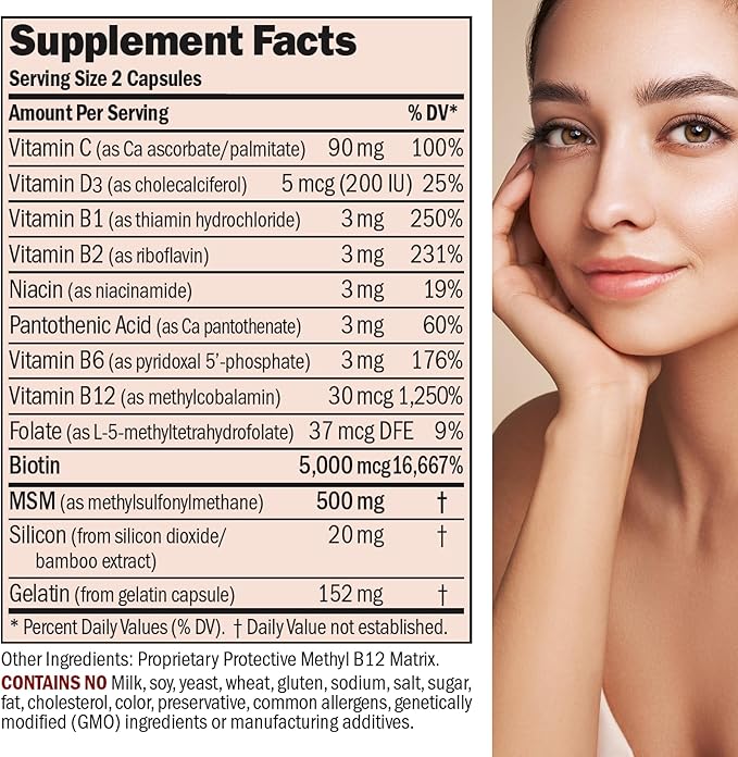 ANDREW LESSMAN Healthy Hair, Skin and Nails 120 Capsules - 5000 mcg High Bioactivity Biotin, B-Complex. Promotes Beautiful Skin, Strong Nails. No Additives Hair Growth Vitamins Biotin Supplement