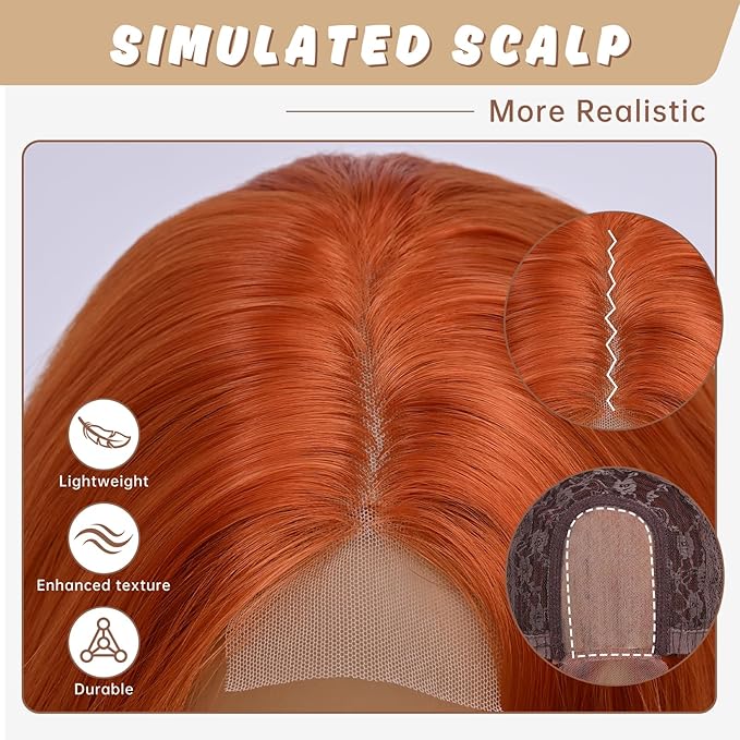 Medium Length Orange Wavy Wigs for Women 18 Inch Middle Part Wavy Orange Wig Natural Looking Synthetic Heat Resistant Fiber Wig for Daily Party Use (18 inch)