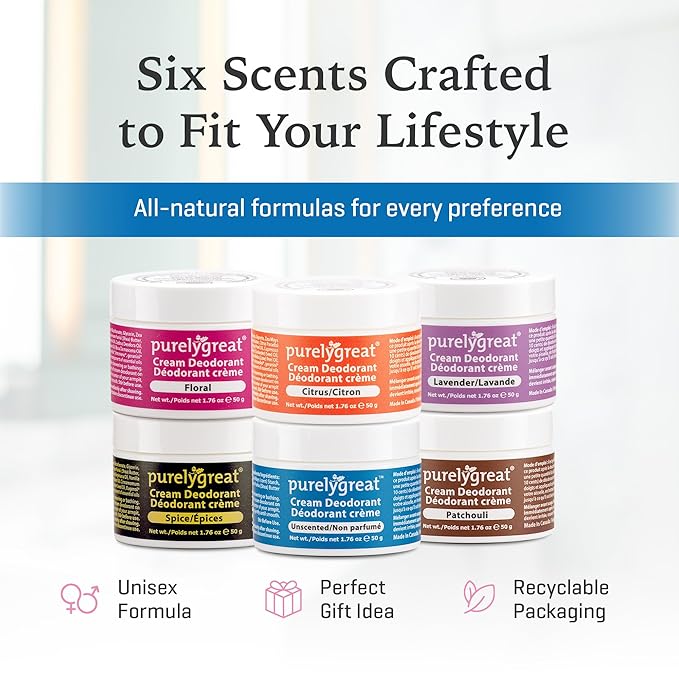 Purelygreat Cream Deodorant, Aluminum-Free, Deodorant Cream for Lasting Odor Control, Vegan, Cruelty-Free Natural Deodorant for Women & Men, Contains No Chemicals, Parabens, or BPA, Unscented, 1.76oz
