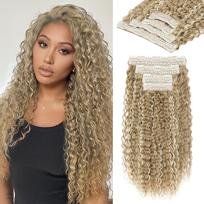 REECHO Hair Extensions - 4PCS 20" Water Wave Clip in Hair Extensions 100% Super Protein Silky Soft Natural Look with Invisible Lace Weft Hairpieces for Women - Honey Blonde with Highlights
