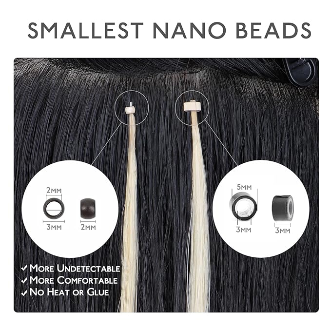 WENNALIFE Nano Bead Hair Extensions Human Hair, 50g 100s 16 Inch Light Dark BrownReal Human Hair Extensions for Women Invisible Nano Ring Hair Extensions Remy Human Hair Extensiones De Cabello Humano