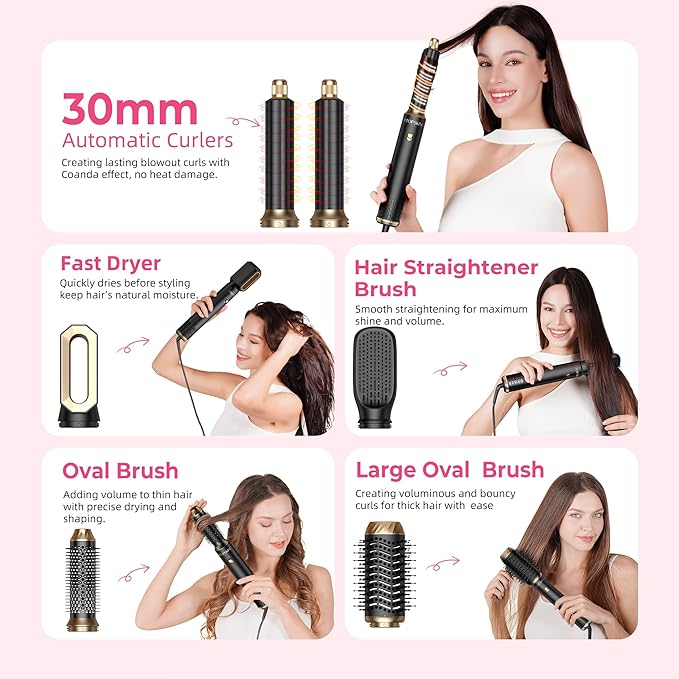 6 in 1 Hair Dryer Brush, Detachable Air Styler, 3 Heat Settings Blow Dryer Brush Frizz-Free Volumizing, Straightening, Curling ALCI Safety Plug for Travel & Home Styling (Black)