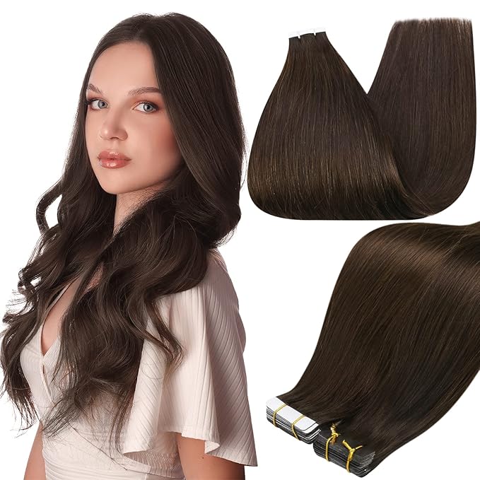 Full Shine Tape in Hair Extensions Human Hair Darkest Brown 24 Inch Seamless Tape in Extensions Brazilian Remy Hair Skin Weft Hair 20 Pieces 50 Grams Color 2 Glue Human Hair Extensions for Wedding