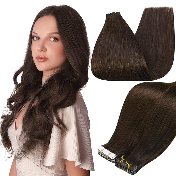 Full Shine Tape in Hair Extensions Human Hair Color 2 Darkest Brown Remy Invisible Tape ins Human Hair Extensions 28Inch Long Straight Seamless Skin Weft 50Gram 20Pcs for Women Add Length